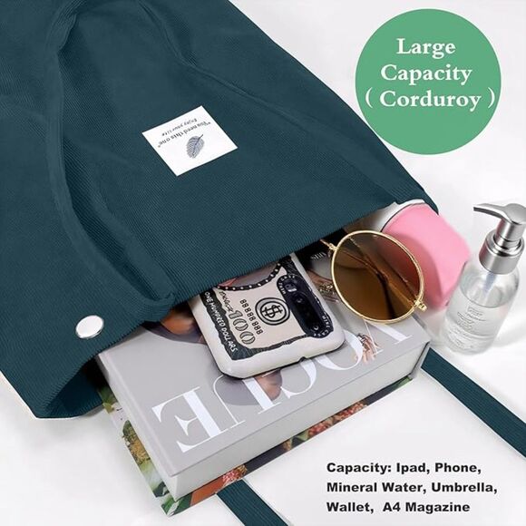 Women Turquoise Imported Corduroy Small Canvas Shoulder Handy Tote Bag - Picture 2 of 4